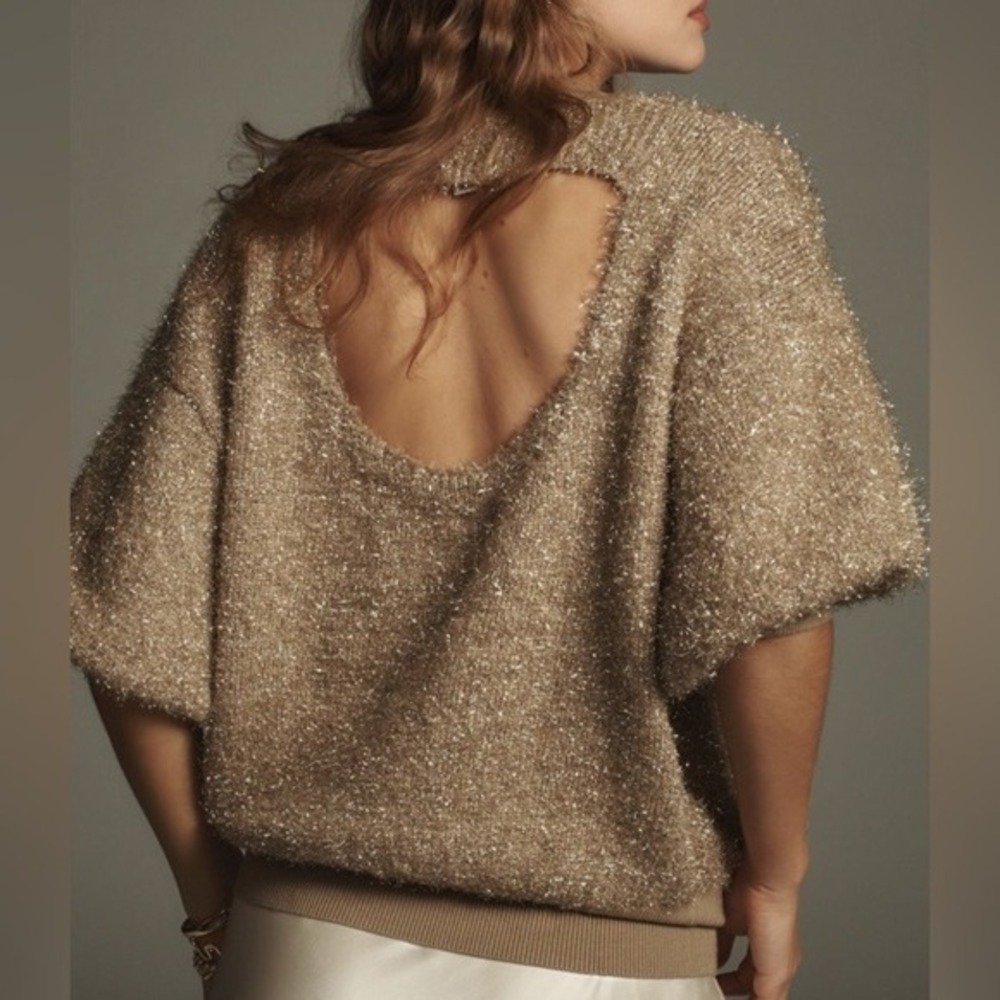 Maeve The Violetta Short-Sleeve‎ Gold Tinsel Sweater, Size XS